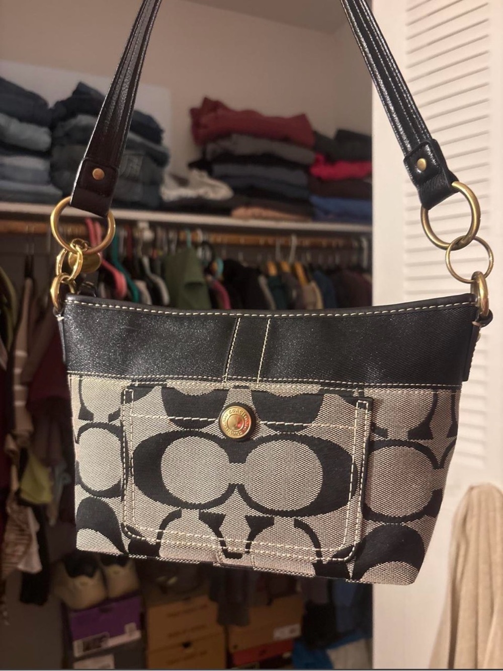 Coach Black and Cream Signature Canvas Shoulder Bag with Front Pocket